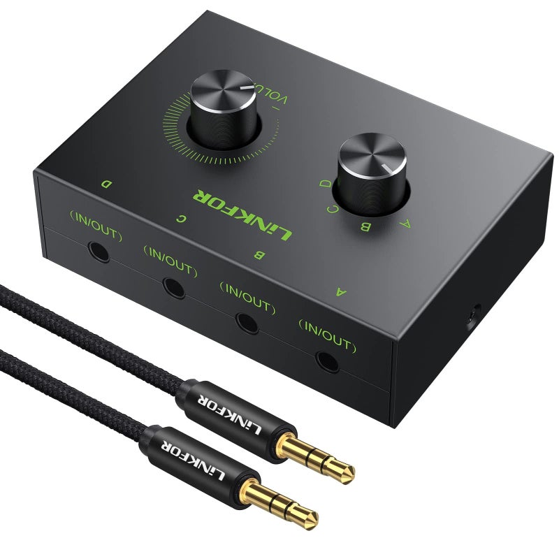 LiNKFOR 4 Port 3.5mm Stereo Audio Switch, 4 Way Stereo Audio Selector, 4 Input 1 Output / 1 Input 4 Output Audio Splitter with Volume Control and 4 Channel Switch Knob - Image 1