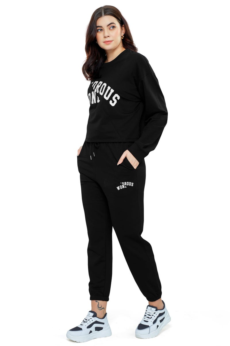 ZEYO Women Cotton Black Track suit Typography Printed Crop Top Co-ords set 5704 - Image 4