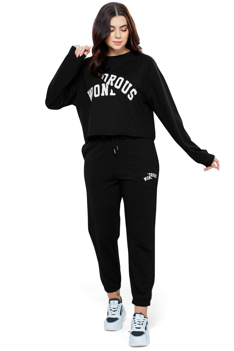 ZEYO Women Cotton Black Track suit Typography Printed Crop Top Co-ords set 5704 - Image 1