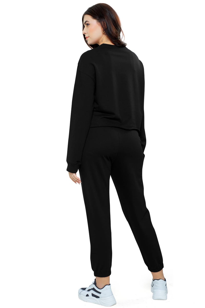 ZEYO Women Cotton Black Track suit Typography Printed Crop Top Co-ords set 5704 - Image 5
