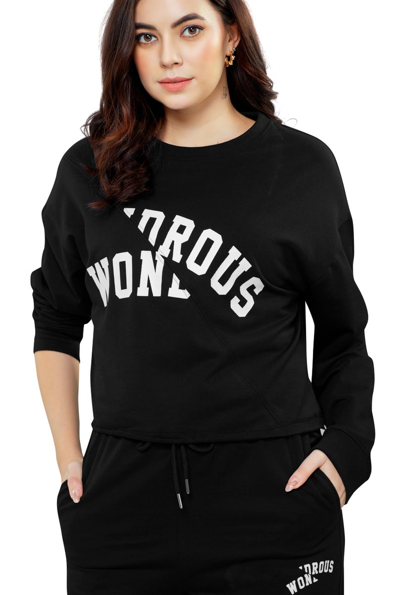 ZEYO Women Cotton Black Track suit Typography Printed Crop Top Co-ords set 5704 - Image 2
