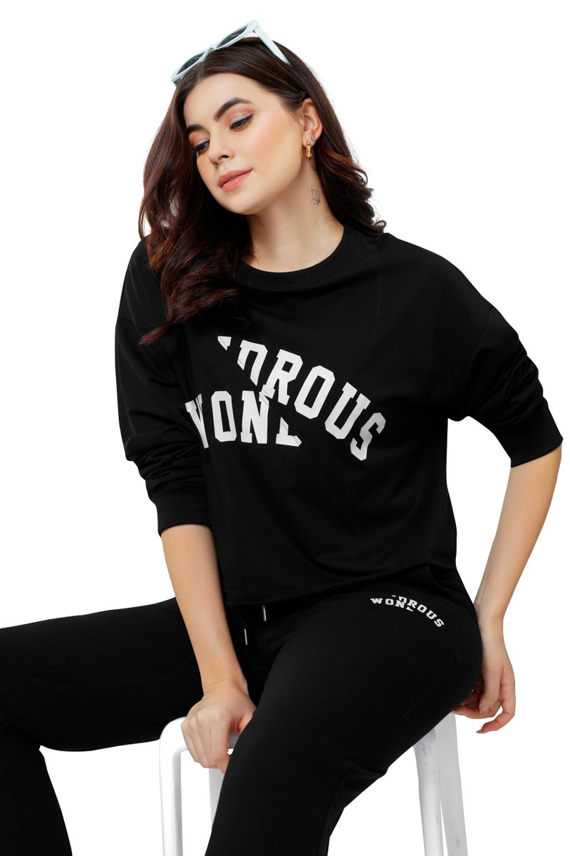 ZEYO Women Cotton Black Track suit Typography Printed Crop Top Co-ords set 5704 - Image 3