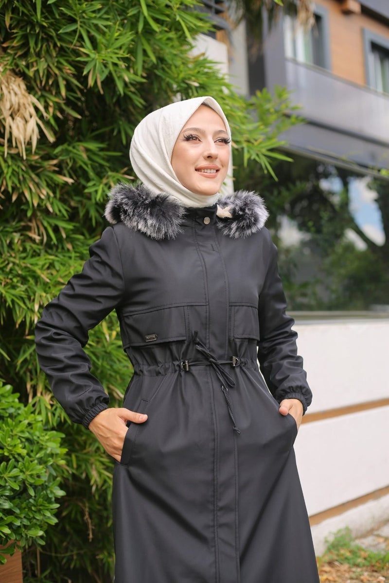 Vibeys Collection Black Fur Lined and Waterproof Women's Winter Coat & Jacket - Image 4