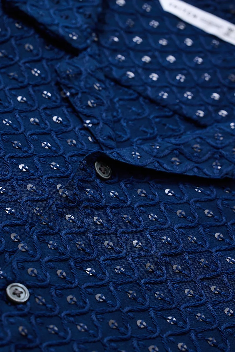 SNITCH Navy Embroidered Half Sleeve Boxy Shirt