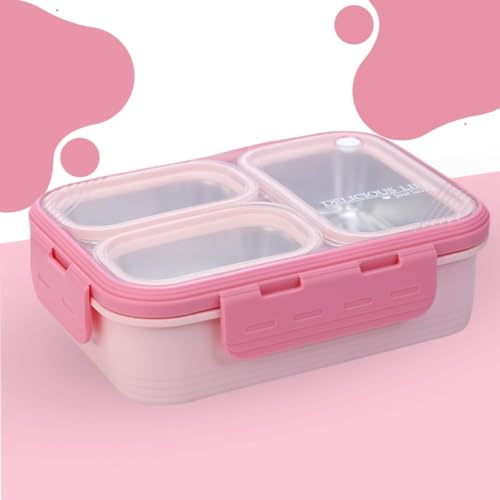 Darkpyro 3 Lunch Box Comes with 3 Detachable Inner Steel Compartments| BPA-Free Lunch Box for Fresh Meals On-The-Go Ideal for School, Office, and Travel- Pink 600ml - Image 1