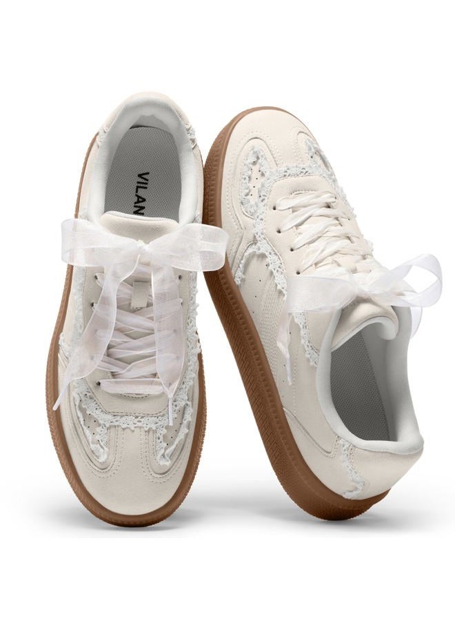 Vilanva Women's Lace Detail Fashion Sneakers Comfortable Casual Dress Sneakers with Retro Gum Sole Walking Trendy Footwear, White Lace, 7.5 - Image 1