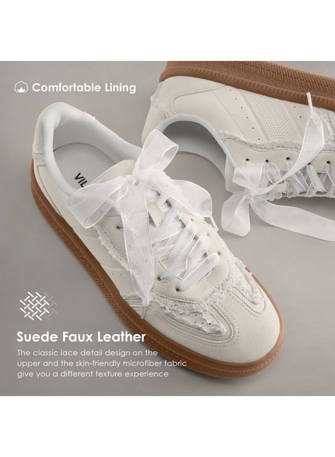 Vilanva Women's Lace Detail Fashion Sneakers Comfortable Casual Dress Sneakers with Retro Gum Sole Walking Trendy Footwear, White Lace, 7.5 - Image 4