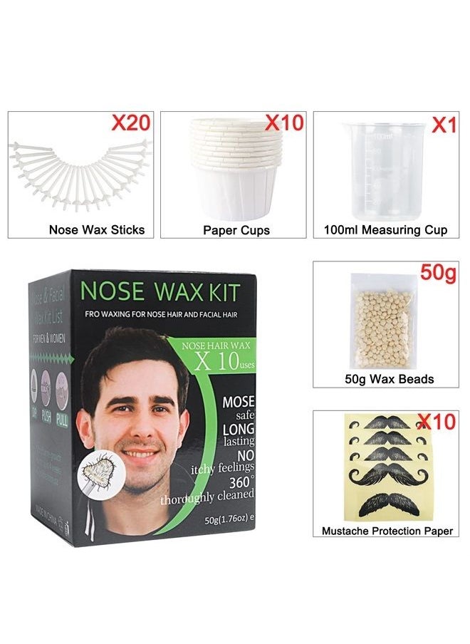 BLUETOP - Nose Wax Kit, Nose Waxing Hair Wax Removal for Men Women, Nose Hair Waxing Kit For Men Ear Hair Waxing Kit Nose Hair Removal Kit for 50g Wax Beads 20 Applicators 10 Paper Cups 10 Mustache Guards - Image 1