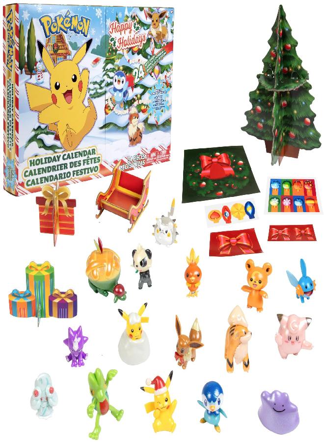Jazwares Pokemon Holiday Advent Calendar for Kids, 24 Piece Gift Playset - Set Includes Pikachu, Eevee, Jigglypuff and More - 16 Toy Character Figures & 8 Christmas Accessories - Ages 4+ - Image 1