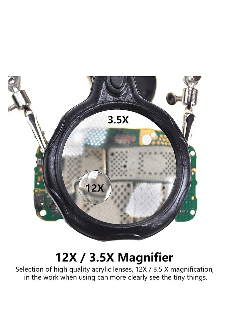 Desktop LED Lighted Magnifying Glass Soldering Station, Adjustable Helping Hands Magnifier 3.5X 12X Magnifying Glass Magnifier Station with LED Light and Alligator Clips for Soldering - Image 2