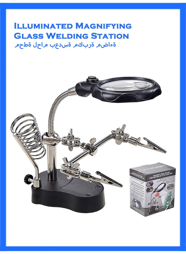 Desktop LED Lighted Magnifying Glass Soldering Station, Adjustable Helping Hands Magnifier 3.5X 12X Magnifying Glass Magnifier Station with LED Light and Alligator Clips for Soldering - Image 1