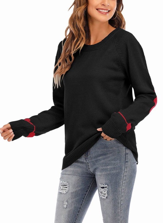 shermie Women's Cute Heart Pattern Elbow Patchwork Casual Crewneck Knitted Sweaters Pullover, Black a, L - Image 3