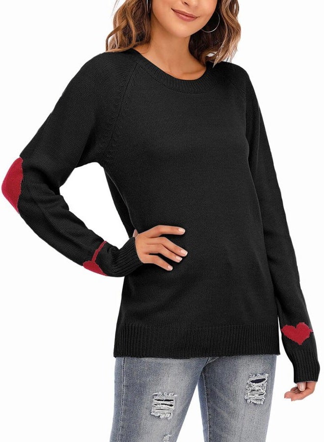 shermie Women's Cute Heart Pattern Elbow Patchwork Casual Crewneck Knitted Sweaters Pullover, Black a, L - Image 4