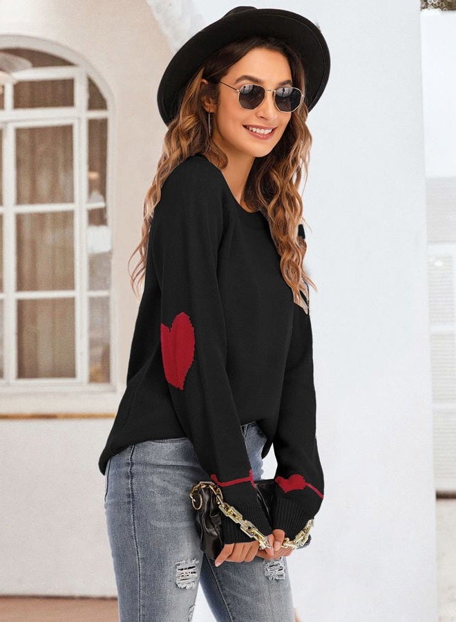 shermie Women's Cute Heart Pattern Elbow Patchwork Casual Crewneck Knitted Sweaters Pullover, Black a, L - Image 5