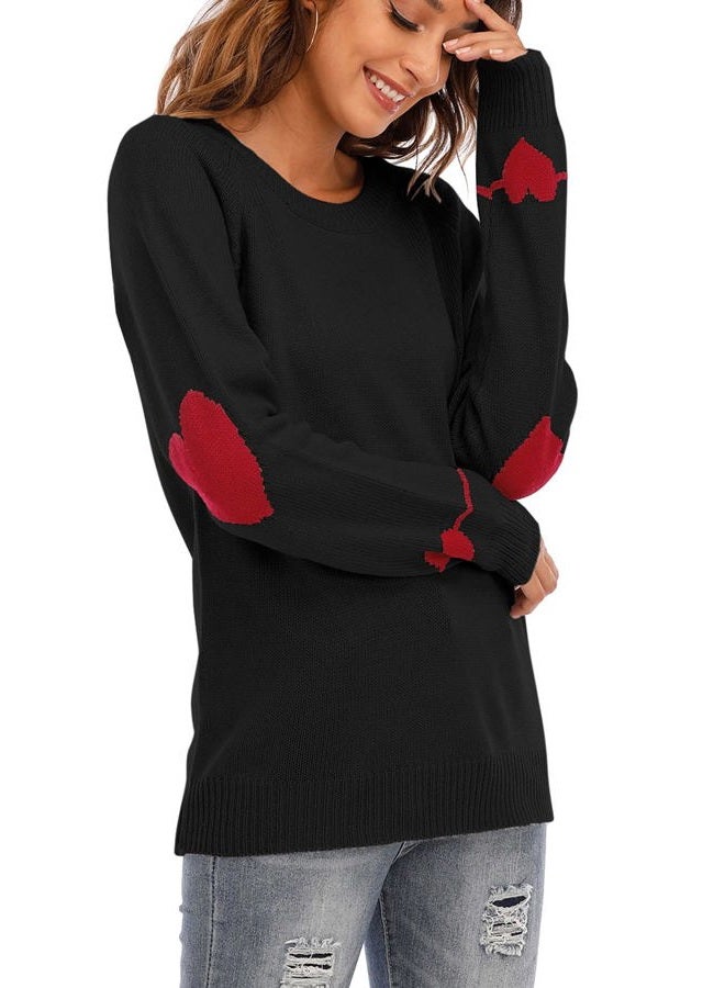 shermie Women's Cute Heart Pattern Elbow Patchwork Casual Crewneck Knitted Sweaters Pullover, Black a, L - Image 2