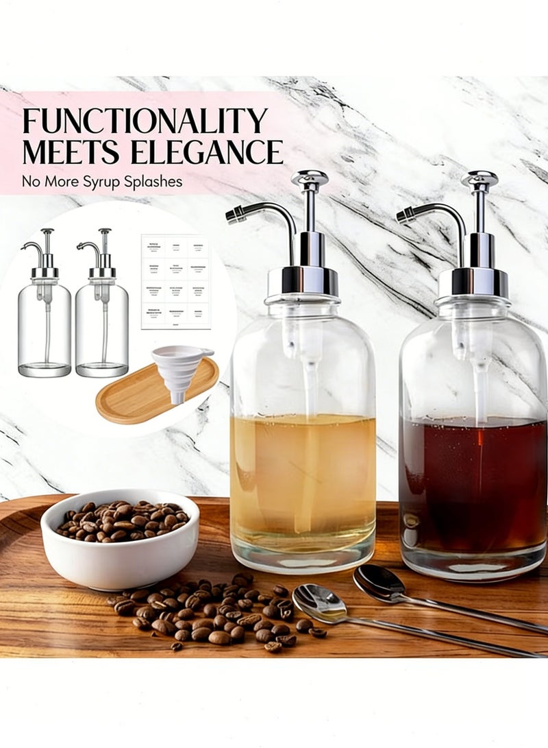 Yoawllty 2 Pcs Coffee Flavor Dispenser Set Glass Bottle with Labels Bamboo Tray Funnel Pump Dispenser for Coffee Bar Home Cafe - Image 4