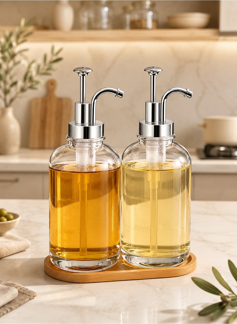 Yoawllty 2 Pcs Coffee Flavor Dispenser Set Glass Bottle with Labels Bamboo Tray Funnel Pump Dispenser for Coffee Bar Home Cafe - Image 1