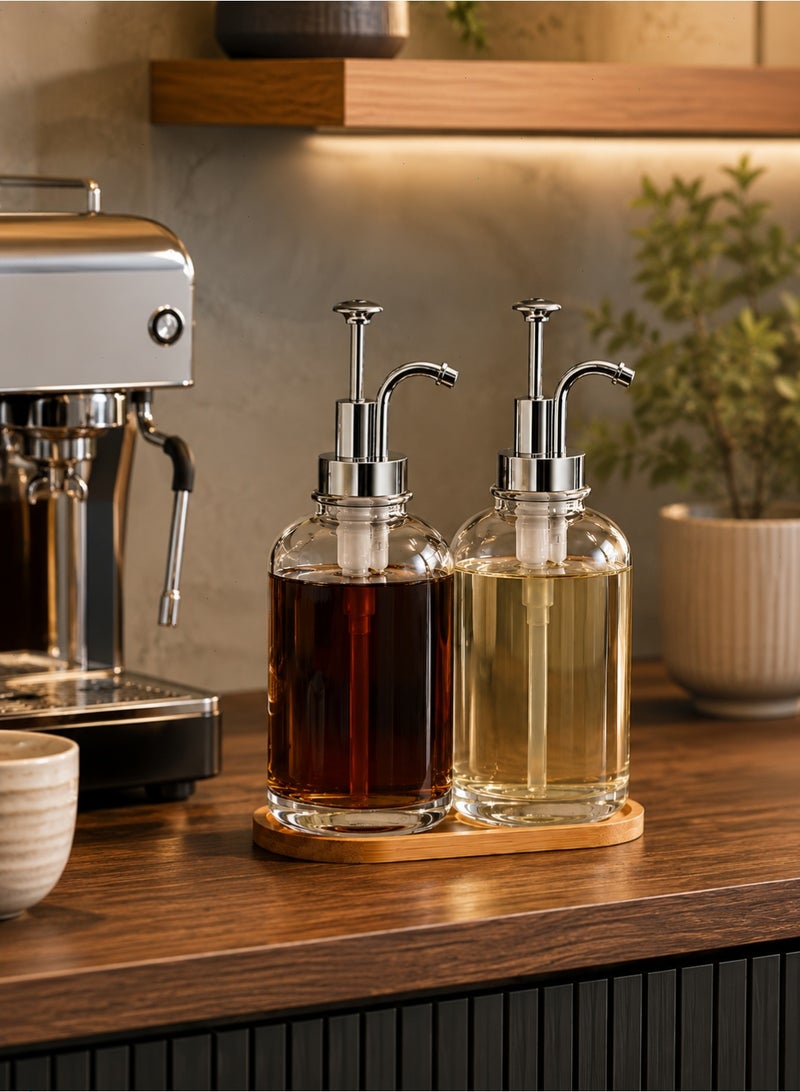 Yoawllty 2 Pcs Coffee Flavor Dispenser Set Glass Bottle with Labels Bamboo Tray Funnel Pump Dispenser for Coffee Bar Home Cafe - Image 5