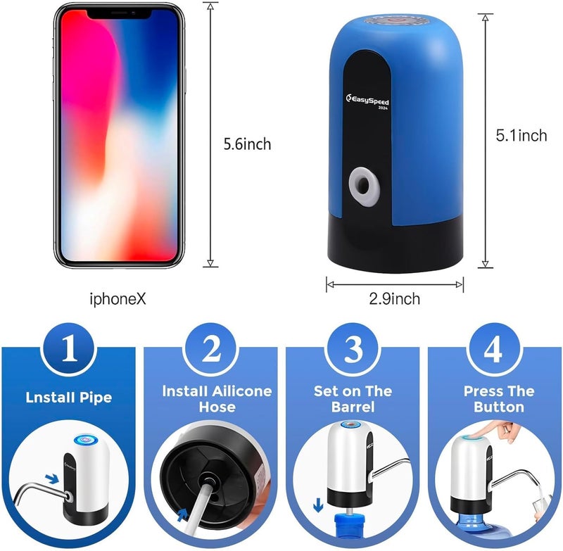 EASY SPEED EASYSPEED Water Dispenser for 5 Gallon Bottle Portable Electric Water Pump with 2 Adapters USB-C Charging Battery Powered Automatic Drinking Water Dispenser for Camping, Travel, Kitchen, Office,Blue - Image 5