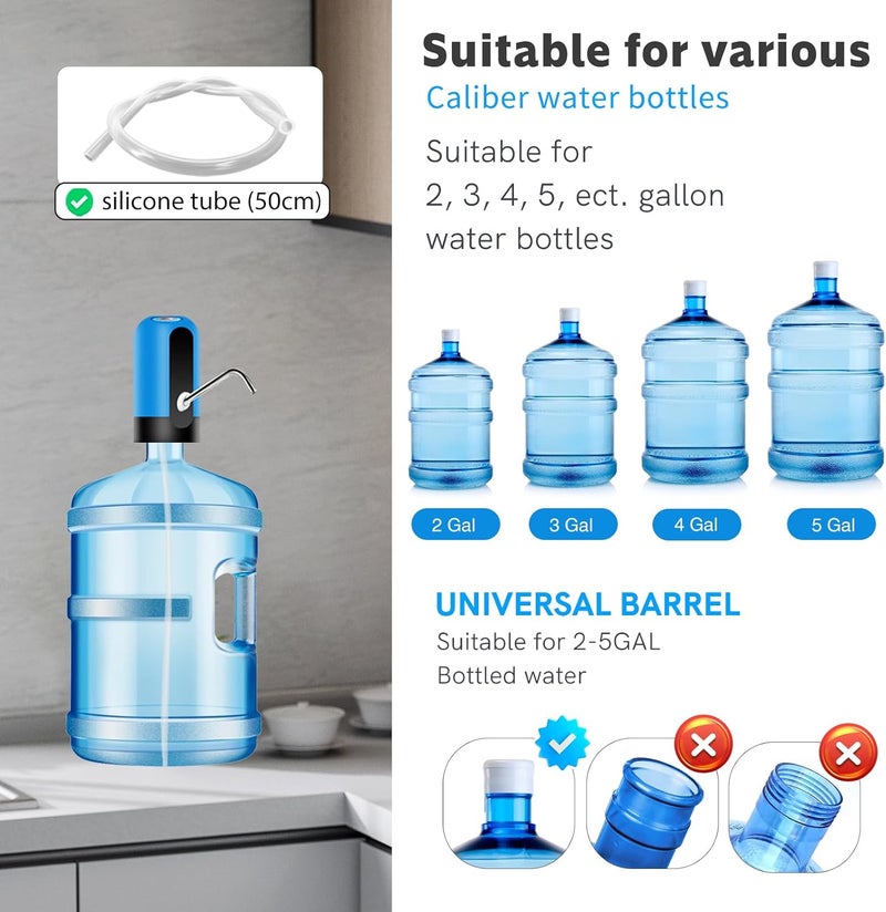 EASY SPEED EASYSPEED Water Dispenser for 5 Gallon Bottle Portable Electric Water Pump with 2 Adapters USB-C Charging Battery Powered Automatic Drinking Water Dispenser for Camping, Travel, Kitchen, Office,Blue - Image 2