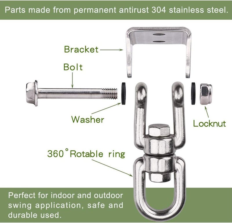 WAREMAID Heavy Duty 360° Swivel Swing Hanger, Stainless Steel Hammock Hook for Ceiling Wooden Porch Swing Hanging kit Playground Gym Rope Boxing Bag Hammock Chair Yoga Mount 1000 lb Capacity - Image 2