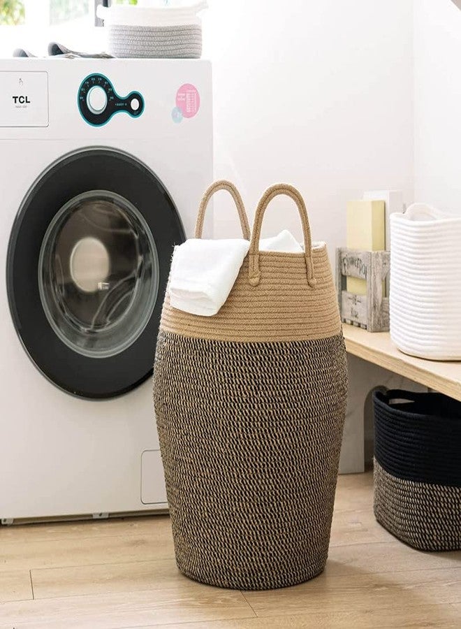 GRATIFY Mansa Traders Large Woven Rope Laundry Basket, 60LTall Dirty Clothes Hamper with Handles Storage Blankets, Toy for Bedroom, Living Room - (Size-12*16 inch ) (Black Brown) - Image 2