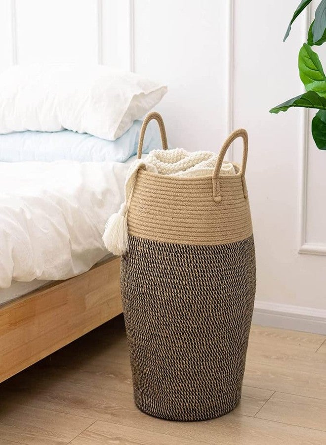 GRATIFY Mansa Traders Large Woven Rope Laundry Basket, 60LTall Dirty Clothes Hamper with Handles Storage Blankets, Toy for Bedroom, Living Room - (Size-12*16 inch ) (Black Brown) - Image 1