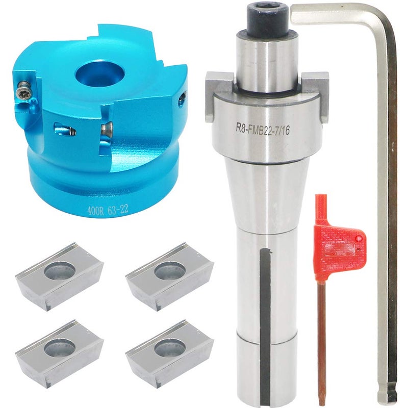 LingGan 2.5 Inch Face Milling Cutter Aluminum 400R 63MM CNC End Milling Cutter Holder + R8-FMB22 Shank Face Shell Mill Arbor + 4pcs APKT1604 Carbide Inserts + 8mm Hexagon Wrench + T15 Wrench CNC Machine Tools - Image 1