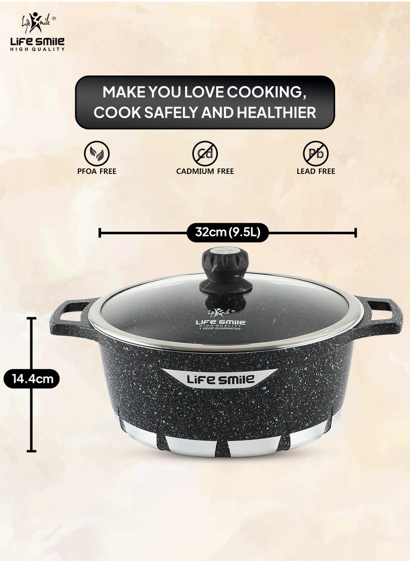 Life Smile 32cm (9.5 Liters) Non Stick Cooking Pot - Granite Coated Aluminum Soup Pot Stock Pot With Tempered Glass Lid - PFOA Free Oven Safe - Kitchen Casserrole Pots for Cooking (Grey)  - Image 3