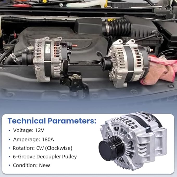 FuseRish 56029732AB Alternator 180A Compatible with Chrysle-r Pacifica 2017-2020 3.6L and for Voyager 2020 3.6L, 6-Groove Decoupler Pulley Clockwise, Replace 11940, 421000-7181, 4210007181 - Image 2