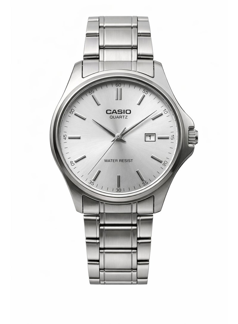 ساعة كاسيو كوارتز رجالي ستانلس ستيل – مينا فضي مع عرض التاريخ ومقاومة للماء