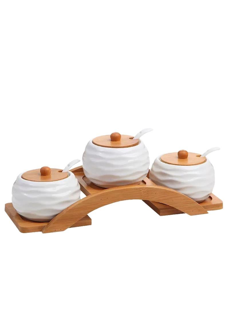 Y&D Ceramic Japanese Style Vintage Seasoning Jar Three-piece Set Wooden Pallet With Spoon  - Image 1