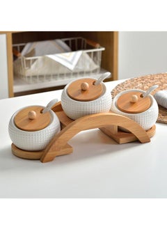 Y&D Ceramic Japanese Style Vintage Seasoning Jar Three-piece Set Wooden Pallet With Spoon  - Image 2