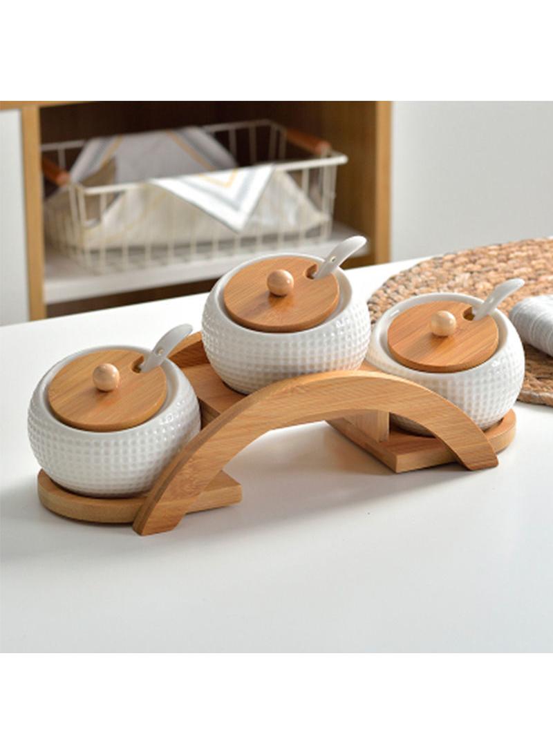 Y&D Ceramic Japanese Style Vintage Seasoning Jar Three-piece Set Wooden Pallet With Spoon  - Image 2