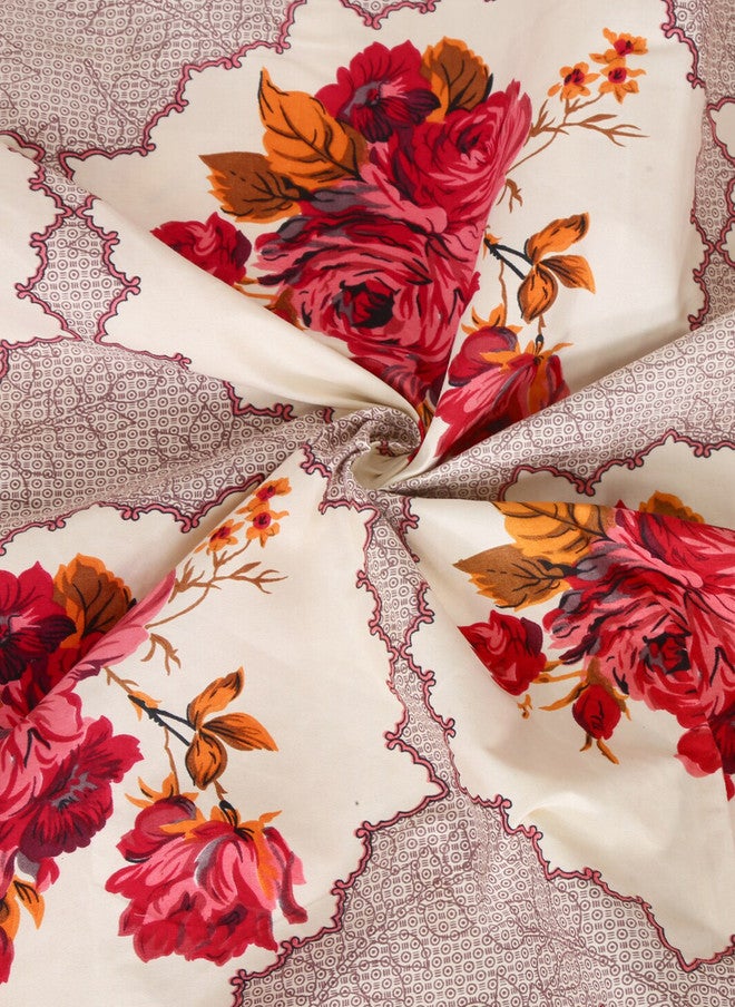 Arrabi Cream Floral Cotton 300 TC King Fine Bedsheet with 2 Pillow Covers - 100 x 87 inches - Image 5