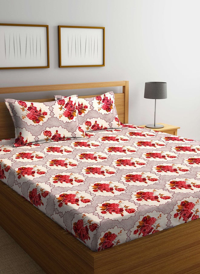 Arrabi Cream Floral Cotton 300 TC King Fine Bedsheet with 2 Pillow Covers - 100 x 87 inches - Image 1