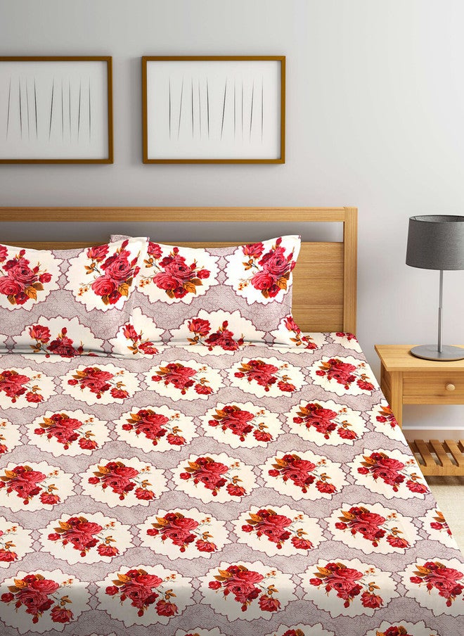 Arrabi Cream Floral Cotton 300 TC King Fine Bedsheet with 2 Pillow Covers - 100 x 87 inches - Image 2
