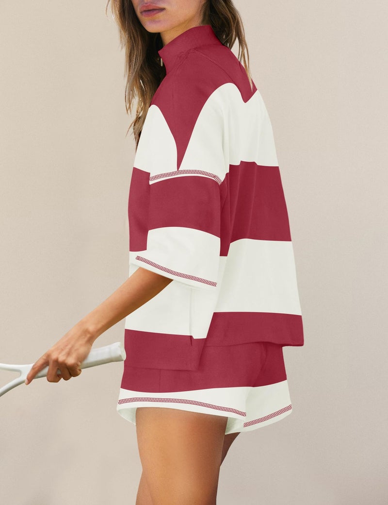 Panadila Women Striped Workout Set Two Piece Outfit Tracksuit Oversized Lounge Set Top and Shorts Sets with Pockets(Burgundy Red White Combo,M) - Image 2
