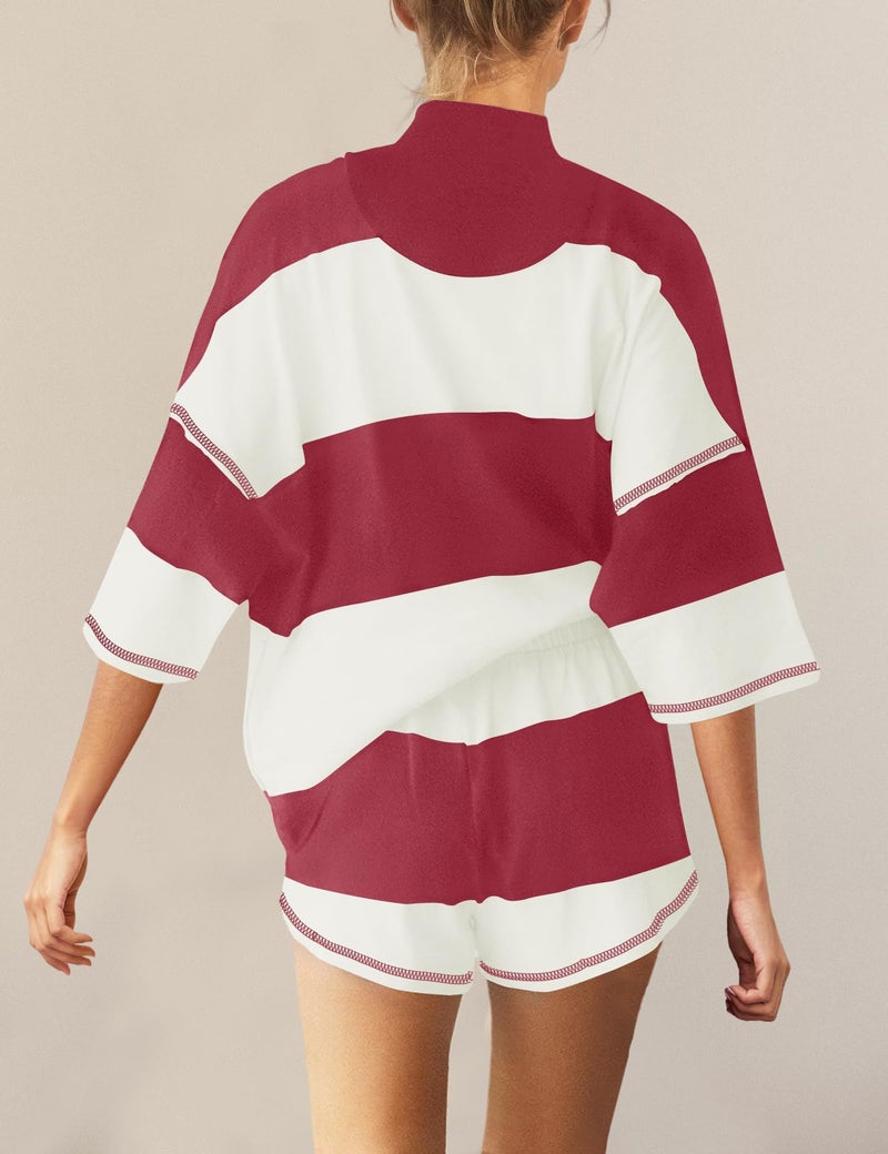 Panadila Women Striped Workout Set Two Piece Outfit Tracksuit Oversized Lounge Set Top and Shorts Sets with Pockets(Burgundy Red White Combo,M) - Image 3