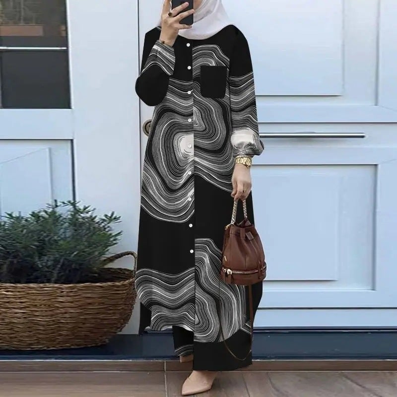 H707# Muslim womens Arabian style two-piece spring and autumn new womens long sleeve shirt pants suit black print - Image 1