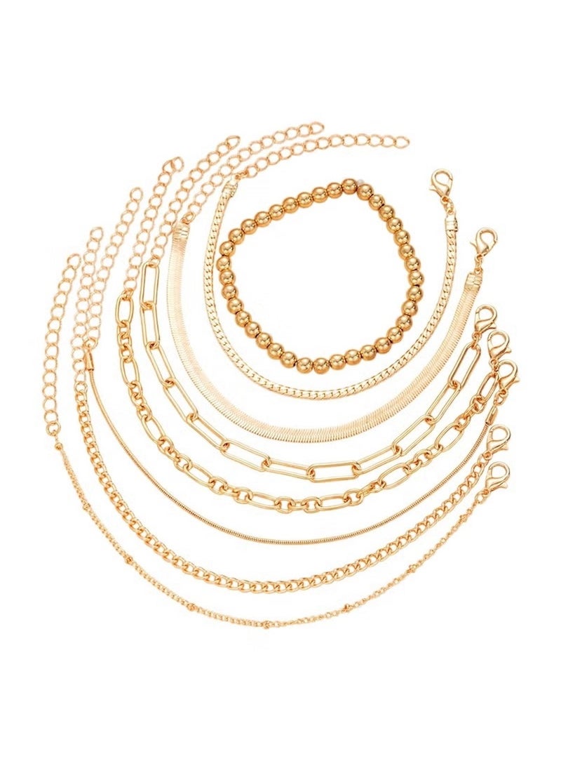 Huitich Elegant 8-Piece Gold Colour Bracelet Set for Women – Adjustable & Layered Chain Designs  - Image 1