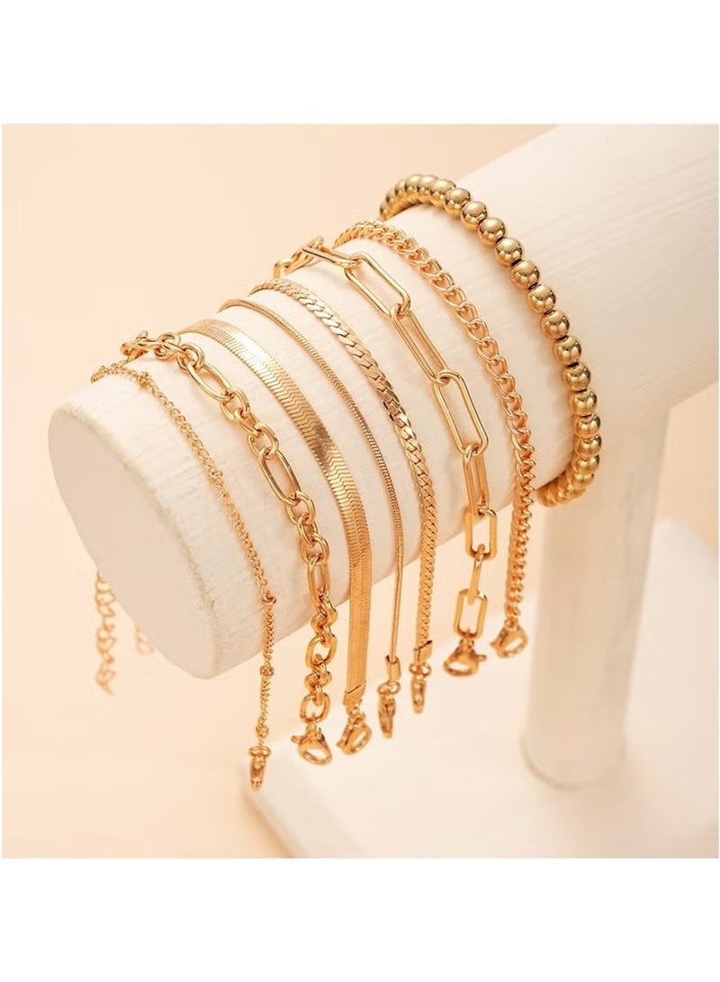 Huitich Elegant 8-Piece Gold Colour Bracelet Set for Women – Adjustable & Layered Chain Designs  - Image 5
