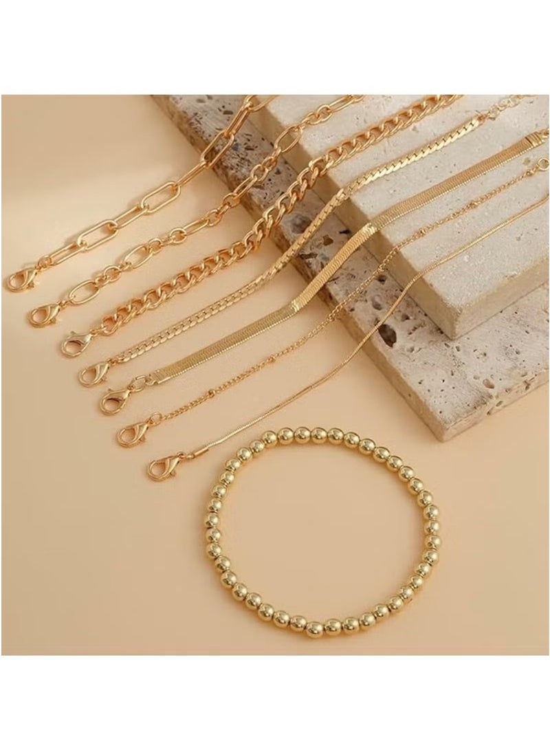 Huitich Elegant 8-Piece Gold Colour Bracelet Set for Women – Adjustable & Layered Chain Designs  - Image 2