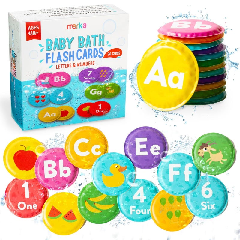 merka Bath Toys Flash Cards - 36-Pc Multicolor 2.25-Inch Foam Alphabet & Number Cards - Waterproof Bath Time Toddler Learning Toys for Ages 1-3 - Image 1