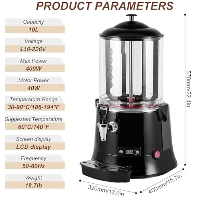 ريحني صانع الشوكولاتة الساخنة التجاري، موزع الشوكولاتة الساخنة سعة 10 لتر مع شاشة LED، منظم حرارة قابل للتعديل 30~90 درجة، آلة كهربائية، موزع الشوكولاتة الساخنة، سخان لتسخين القهوة والحليب والشاي والعصير - Image 5