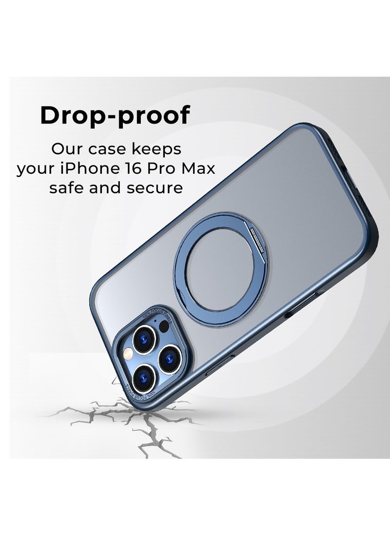 glassology - iPhone 16 Pro Max 360° Rotate Ring Stand MagSafe Case Shockproof Wireless Charging Compatible Adjustable Kickstand (Blue) - Image 1