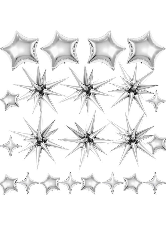 BZIDII 22 Pcs Silver Star Balloons,22/18/10 Inch Star Foil Mylar Balloon,Spike Balloon and Four Pointed Balloons for Party Supplies Christmas Birthday Wedding Photo Booth (Silver) - Image 1