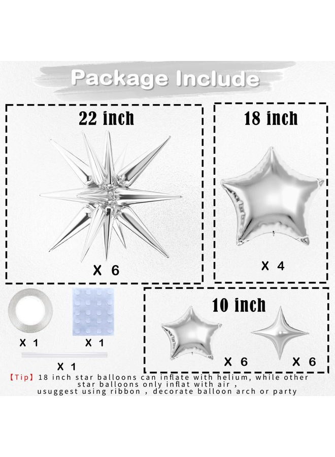 BZIDII 22 Pcs Silver Star Balloons,22/18/10 Inch Star Foil Mylar Balloon,Spike Balloon and Four Pointed Balloons for Party Supplies Christmas Birthday Wedding Photo Booth (Silver) - Image 2