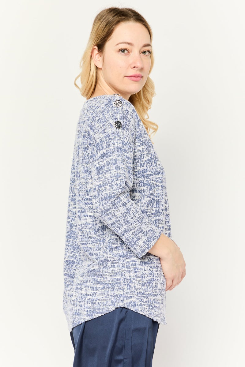 Love Scarlett Women Round Neck Long Sleeve Textured Sweater, Navy - Image 3