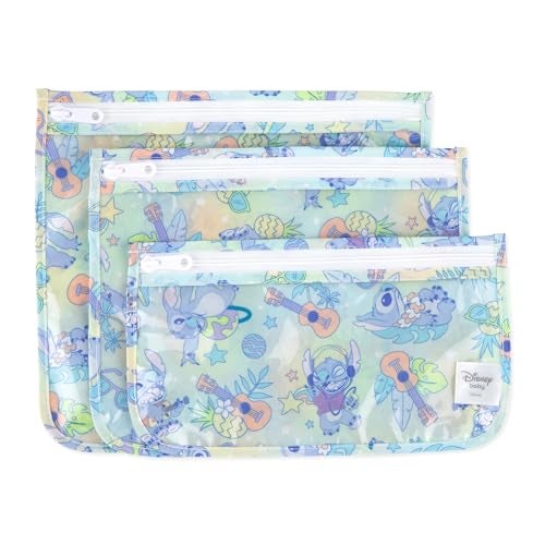 Bumkins Disney Travel Bag Toiletry TSA Approved Pouch Zip Bag Quart Size Airline Compliant ClearSided Baby Diaper Bag Organization Makeup Accessories Packing Set of 3 Sizes Aloha Stitch